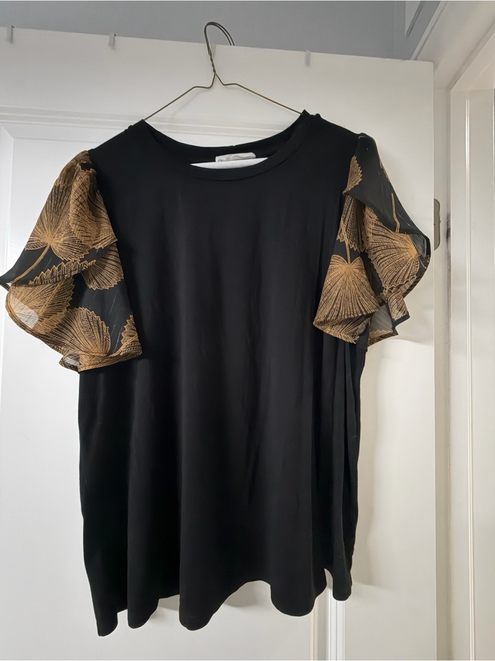 Women's Black Blouse with Gold Patterned Flutter Sleeves